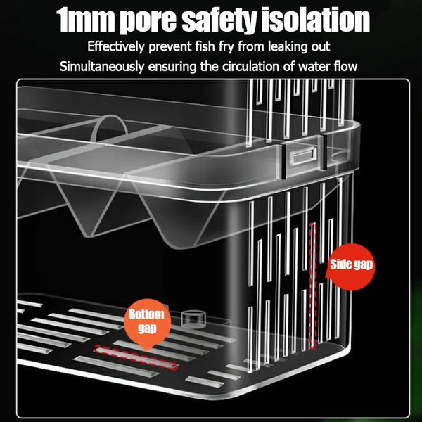 A clear acrylic breeding box with a safety isolation feature preventing water flow leakage.