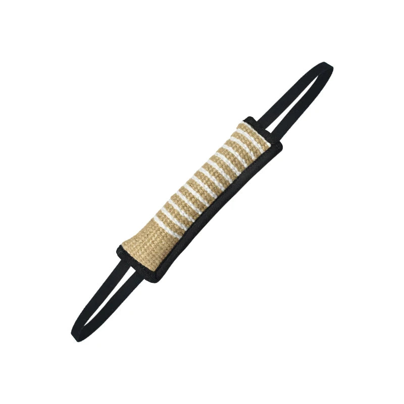 Natural jute tug toy for dogs with dual handles, featuring a woven grip section.