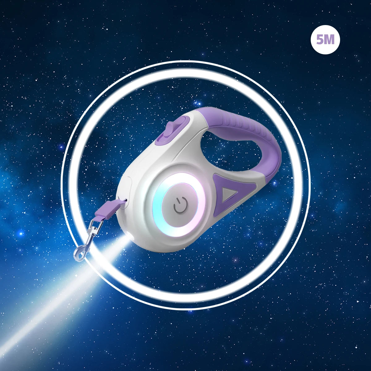 A white and purple LED retractable dog leash is shown against a dark blue, starry background with a bright light beam.
