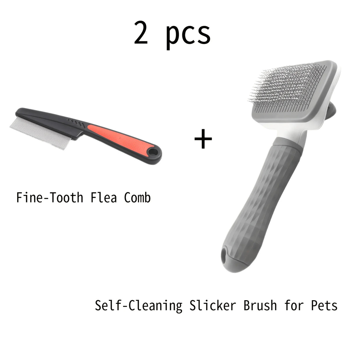 A set of two grooming tools including a fine-tooth flea comb and a self-cleaning slicker brush for pets.