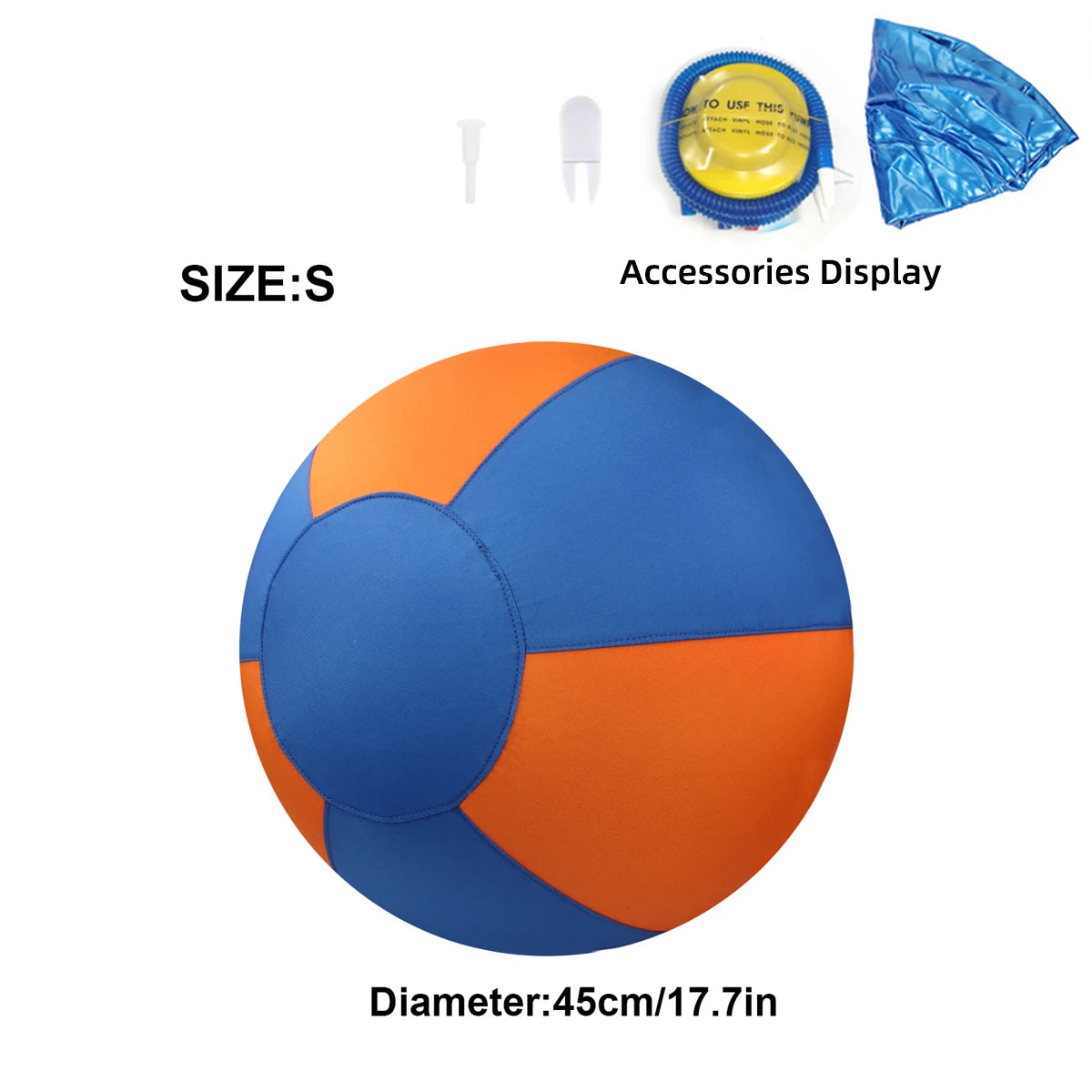 A blue and orange spherical dog ball with accessories displayed nearby.