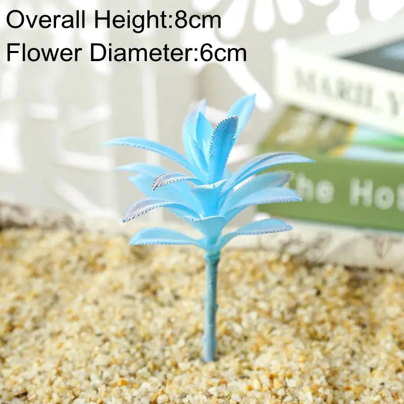 A small blue artificial succulent plant with a flower diameter of 6cm is shown in a natural setting.