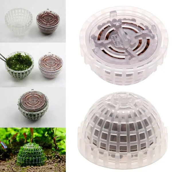 A plastic moss ball aquarium filter shown in various forms including a small bowl and a dome-shaped filter unit.