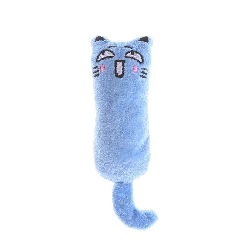 Helles blaues Katzenspielzeug in Form eines Gesichts mit großen Augen und Schnurrhaaren.