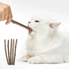 Eine weiße Katze leckt einen natürlichen Holz-Kaugummi, den eine menschliche Hand hält.