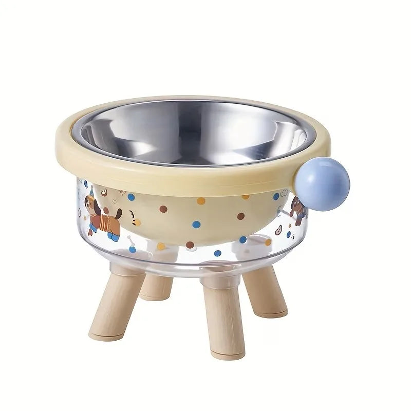 Elevated stainless steel double pet bowl with a light yellow stand and blue accent.