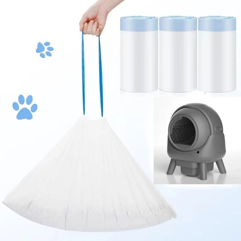 A white cat litter box liner is shown alongside three blue containers and a hand, demonstrating the product.