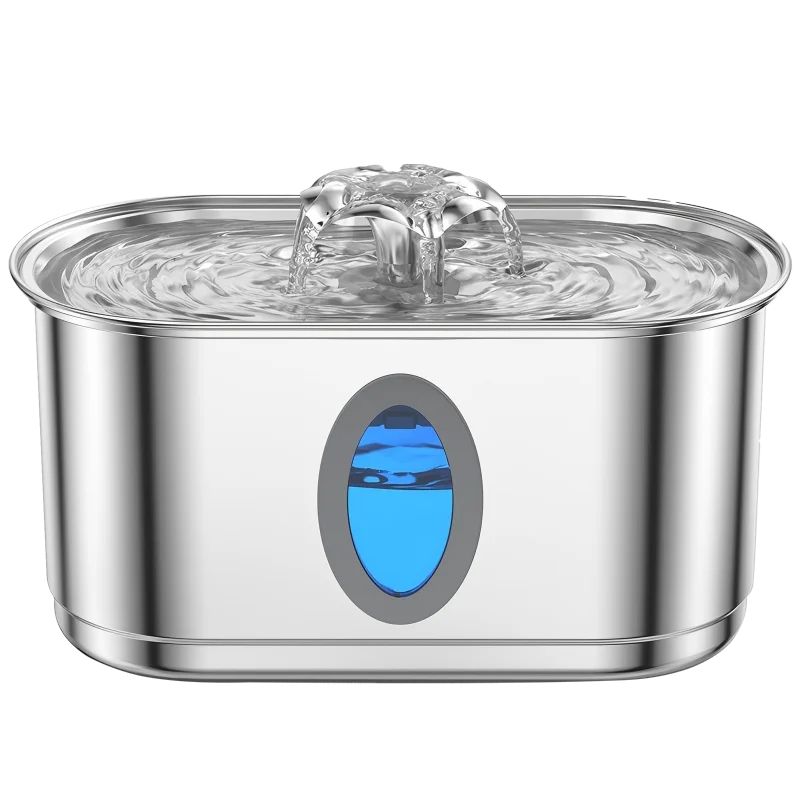 Stainless steel automatic cat water fountain with a clear water feature and an oval blue filter display.