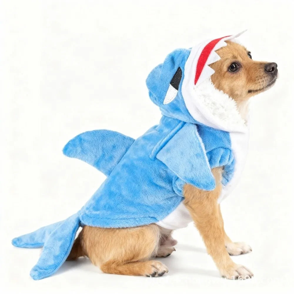 Ein kleiner Hund in einem blauen Fleece-Deko-Kostüm als Fisch mit weißen Akzenten.