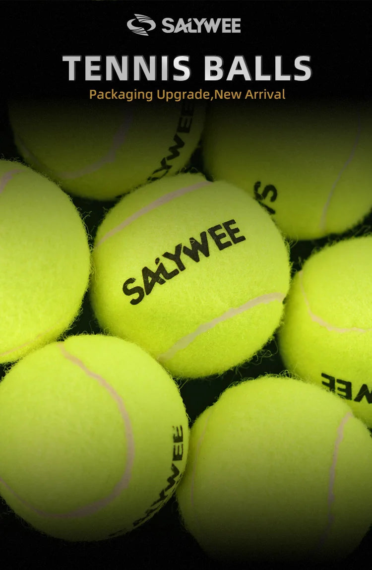 A close-up shot of yellow tennis balls with the Salywee logo, packaged for a new arrival.