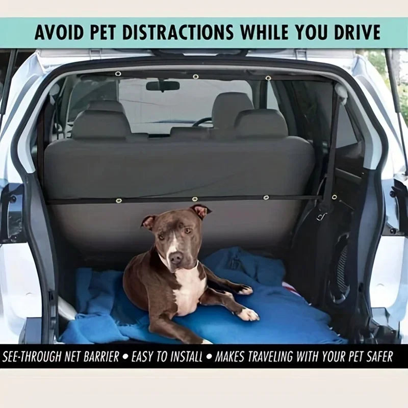 A dog is resting inside a see-through net barrier installed in the trunk of a car.