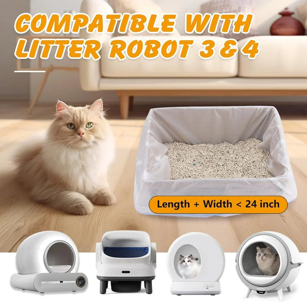 A set of white drawstring cat litter box liners and a robotic litter box are displayed on a wooden floor.