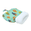A green plush sleeping bag featuring colorful fish and yellow patterns, with a white fleece tunnel hideaway.