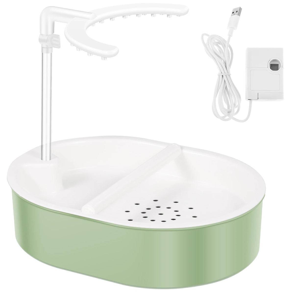A white USB electric bird bath with a circulating water pump and power cord.