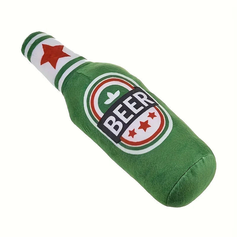 A green, elongated squeaky dog toy shaped like a beer bottle with a red star design.