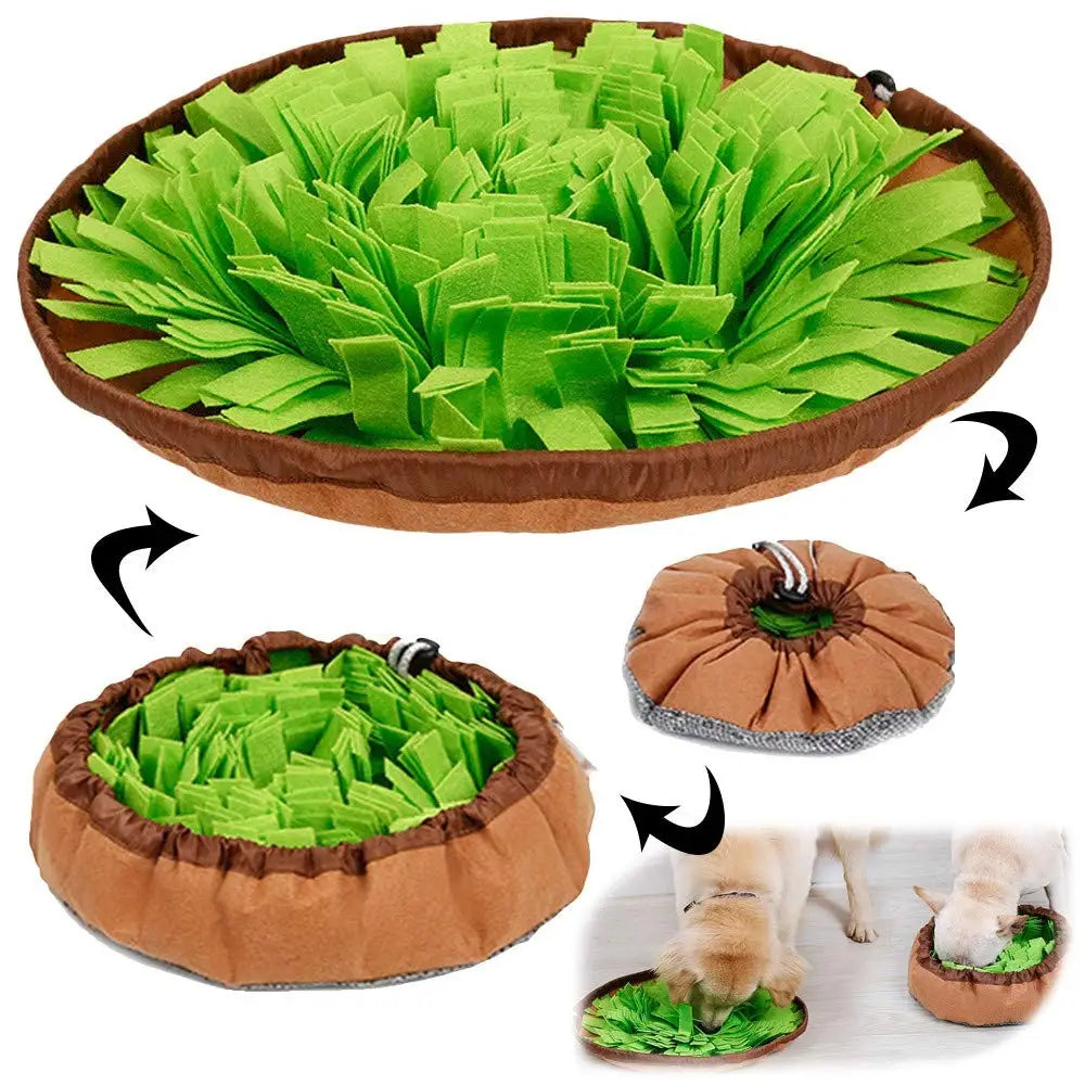A green snuffle mat for dogs is shown in various forms, including a flat mat and a round feeding mat.