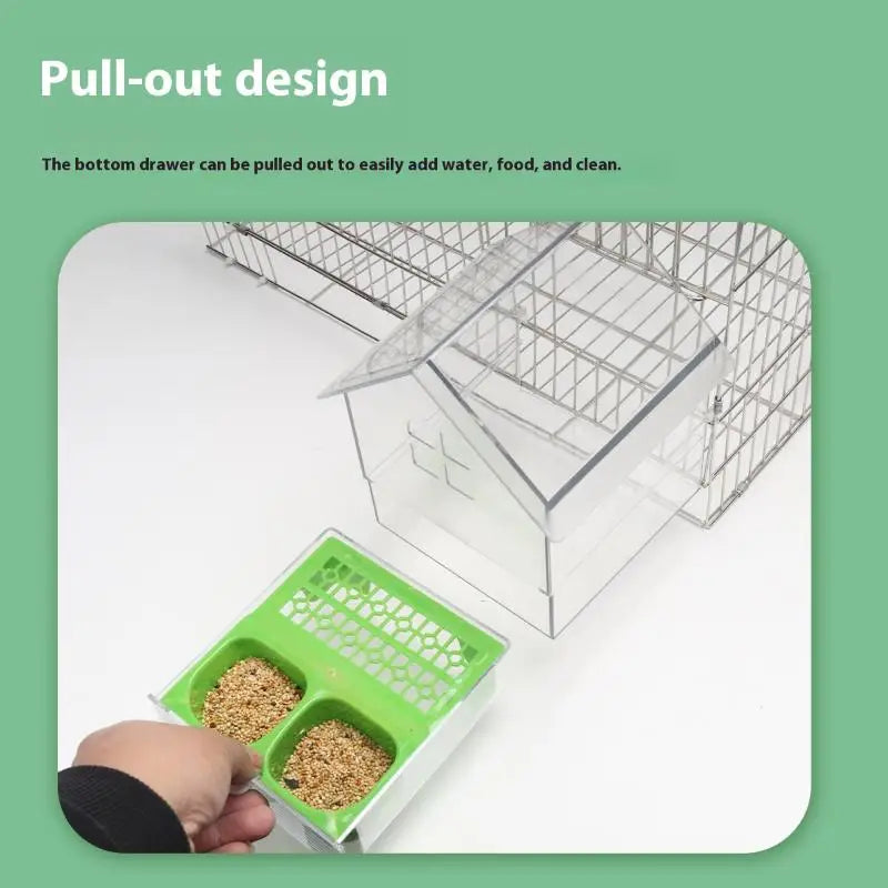 A hand is shown placing bird seed into a clear plastic feeder accessory designed for a parrot or bird bath.