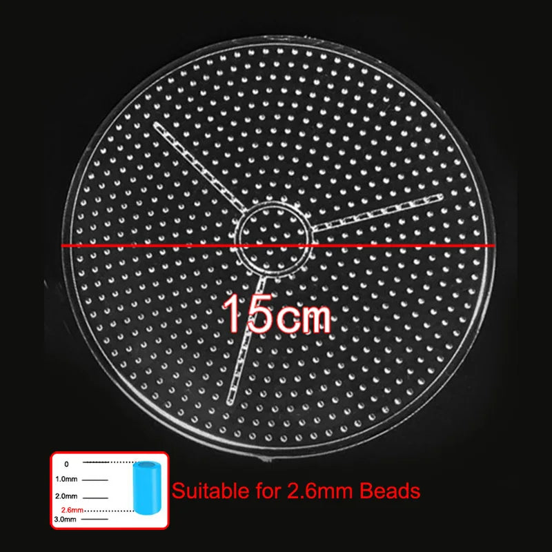 A circular petri dish with a grid pattern and a measurement line indicating 15cm, showing suitability for 2.6mm beads.