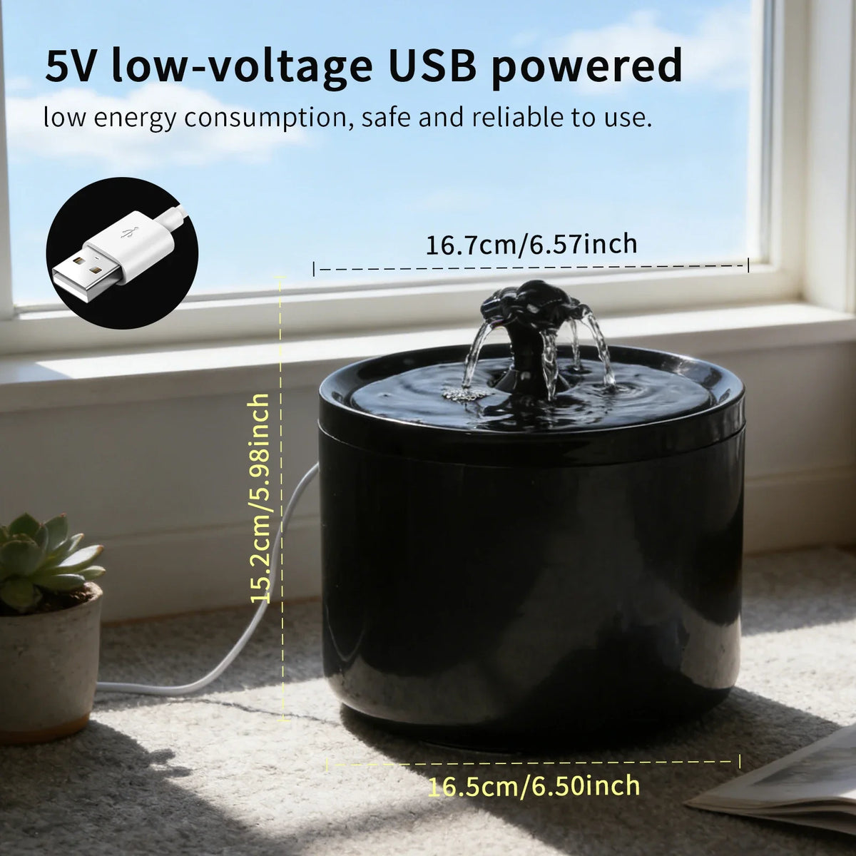 A black rechargeable cat water fountain is shown on a windowsill with a power cord and surrounding natural light.