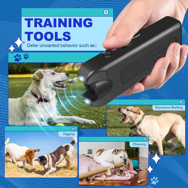 A hand holds a black ultrasonic dog deterrent tool, illustrating its use to deter unwanted dog behavior.