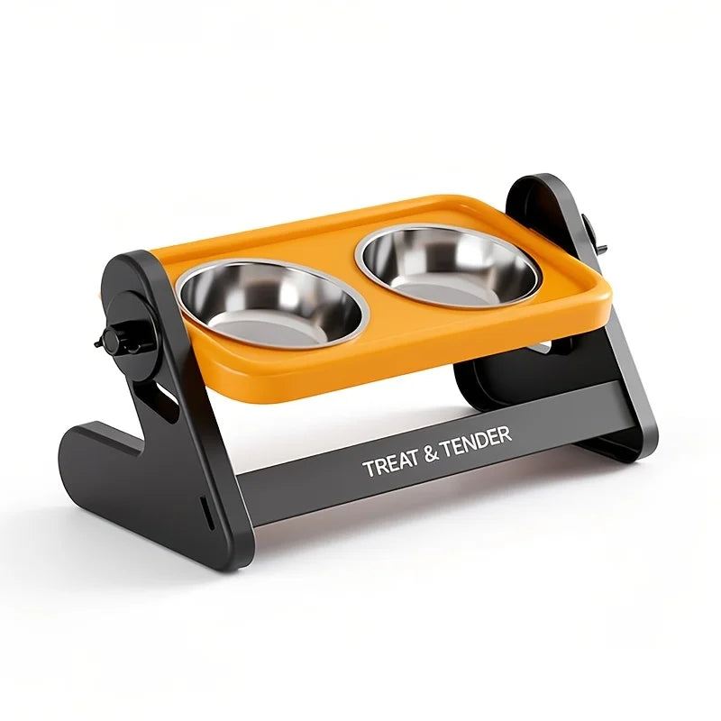 An adjustable raised cat bowl with two stainless steel bowls is shown on a black stand.