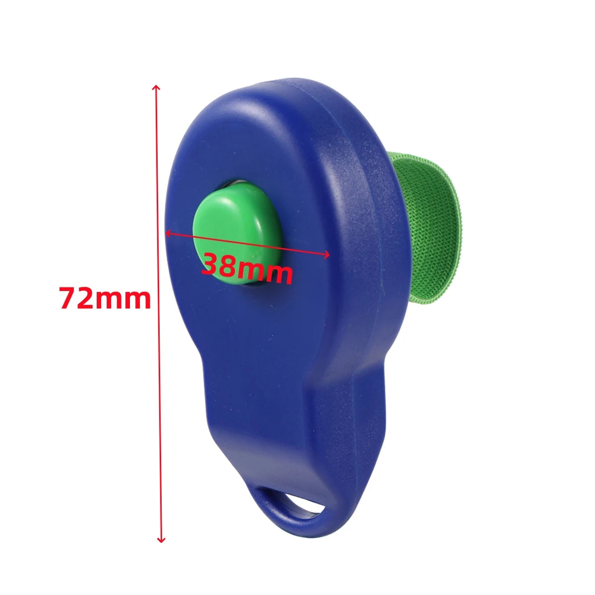 Blue dog training clicker device with a green finger band and dimension markings.