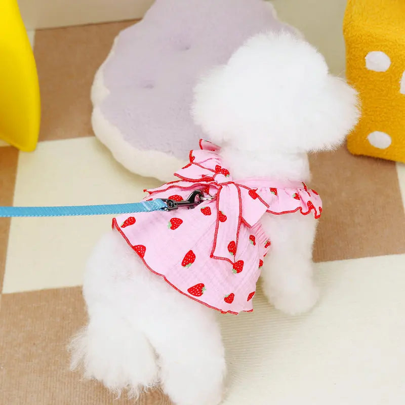 Strawberry Print Dog Dress with Bow for Small Breeds
