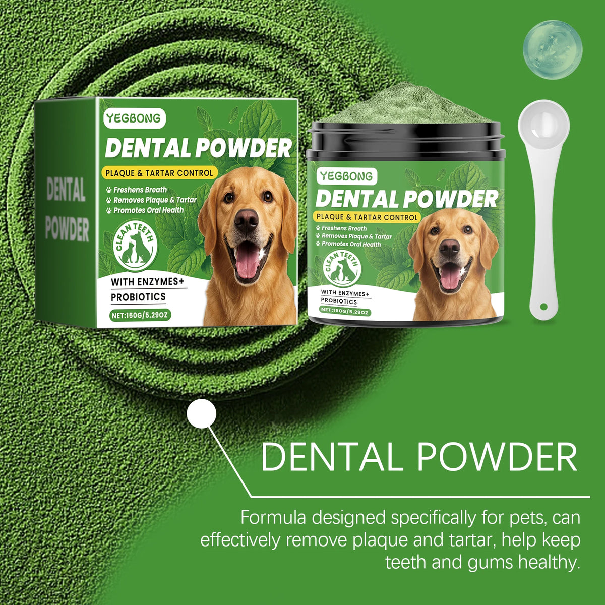 A jar of Yegbong Dental Powder for pets with a dog illustration and a green textured background.