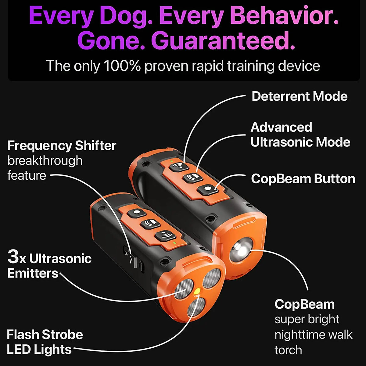 Disuasorio de ladrido ultrasónico para perros negro con punta naranja y botones/luces.