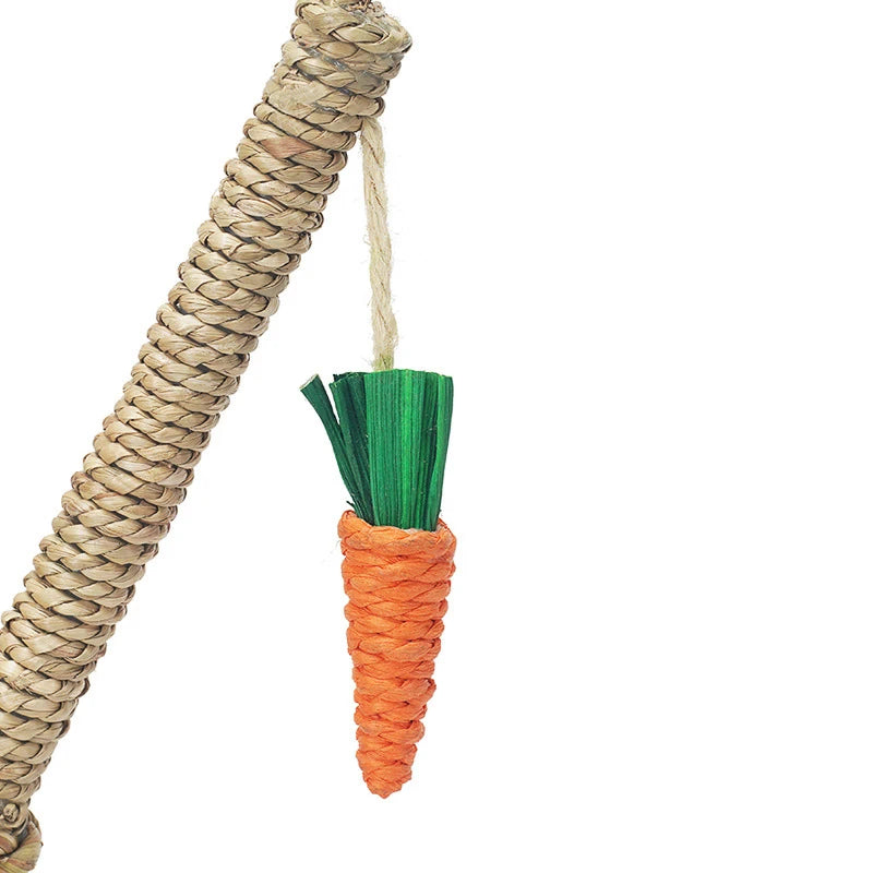 A natural grass carrot tree chew toy for rabbits and small pets, featuring a woven rope and an orange carrot shape.