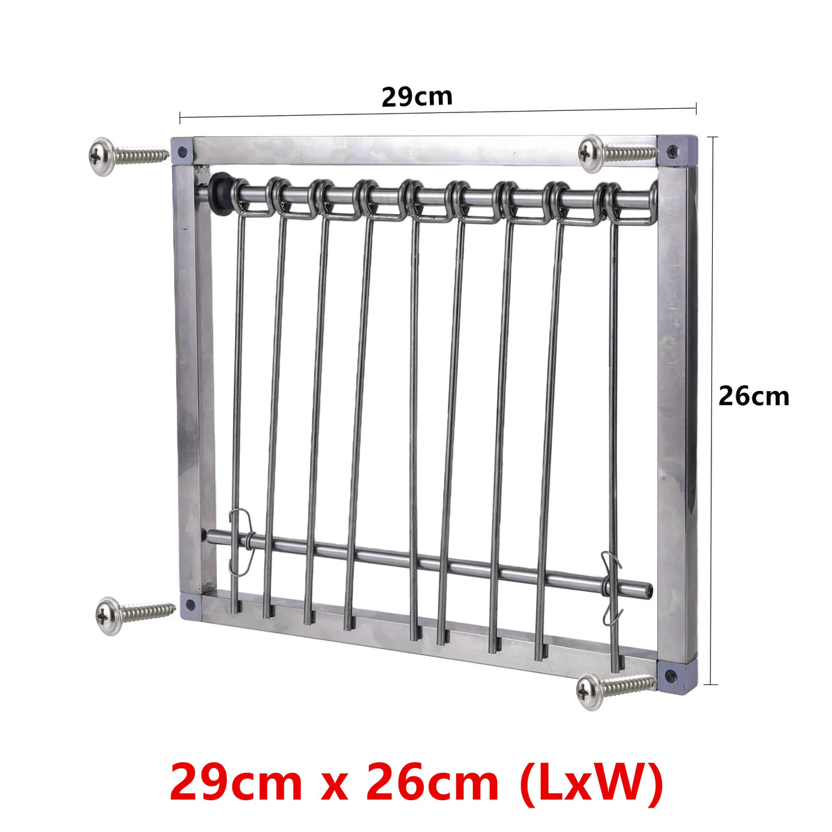 Stainless steel pigeon loft trap door with a grid structure, measuring 29cm by 26cm.