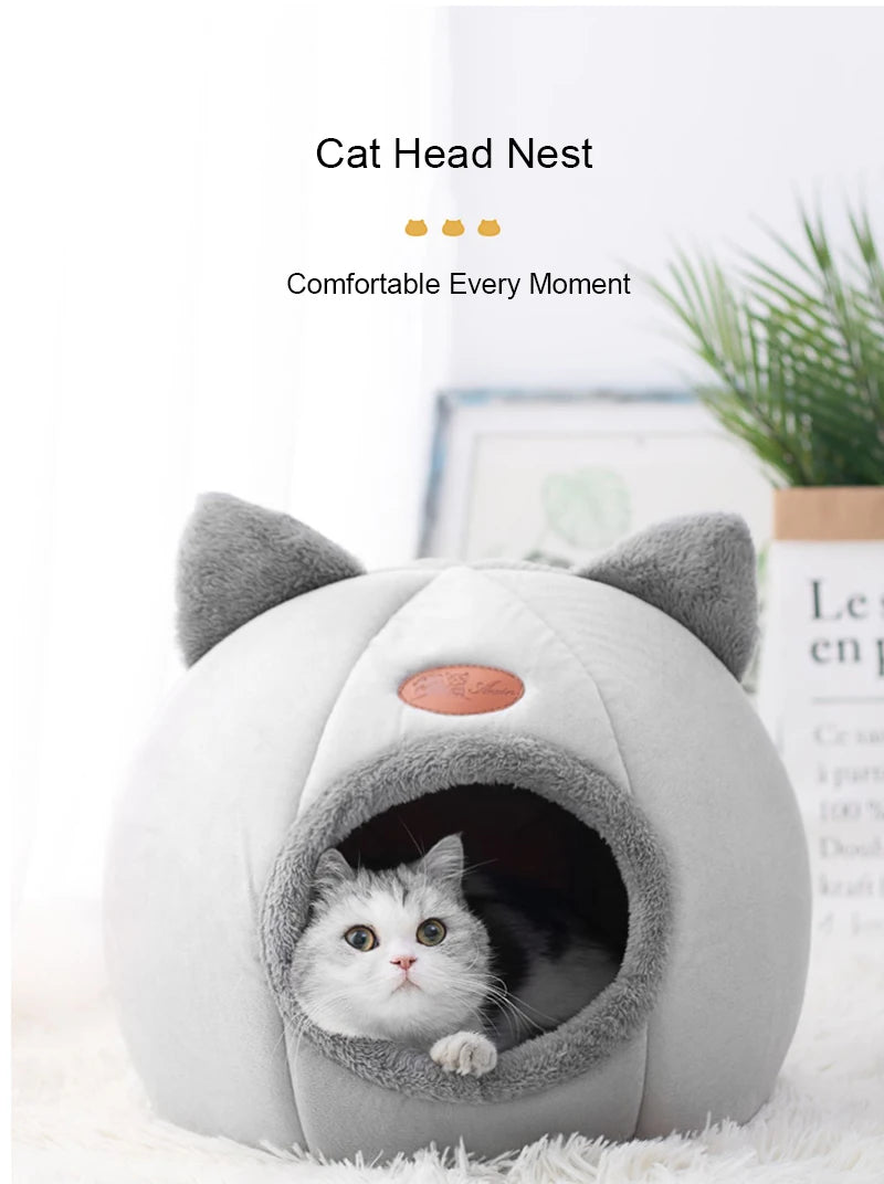 Cat Head-Shaped Cozy Cave Bed for Small to Medium Pets