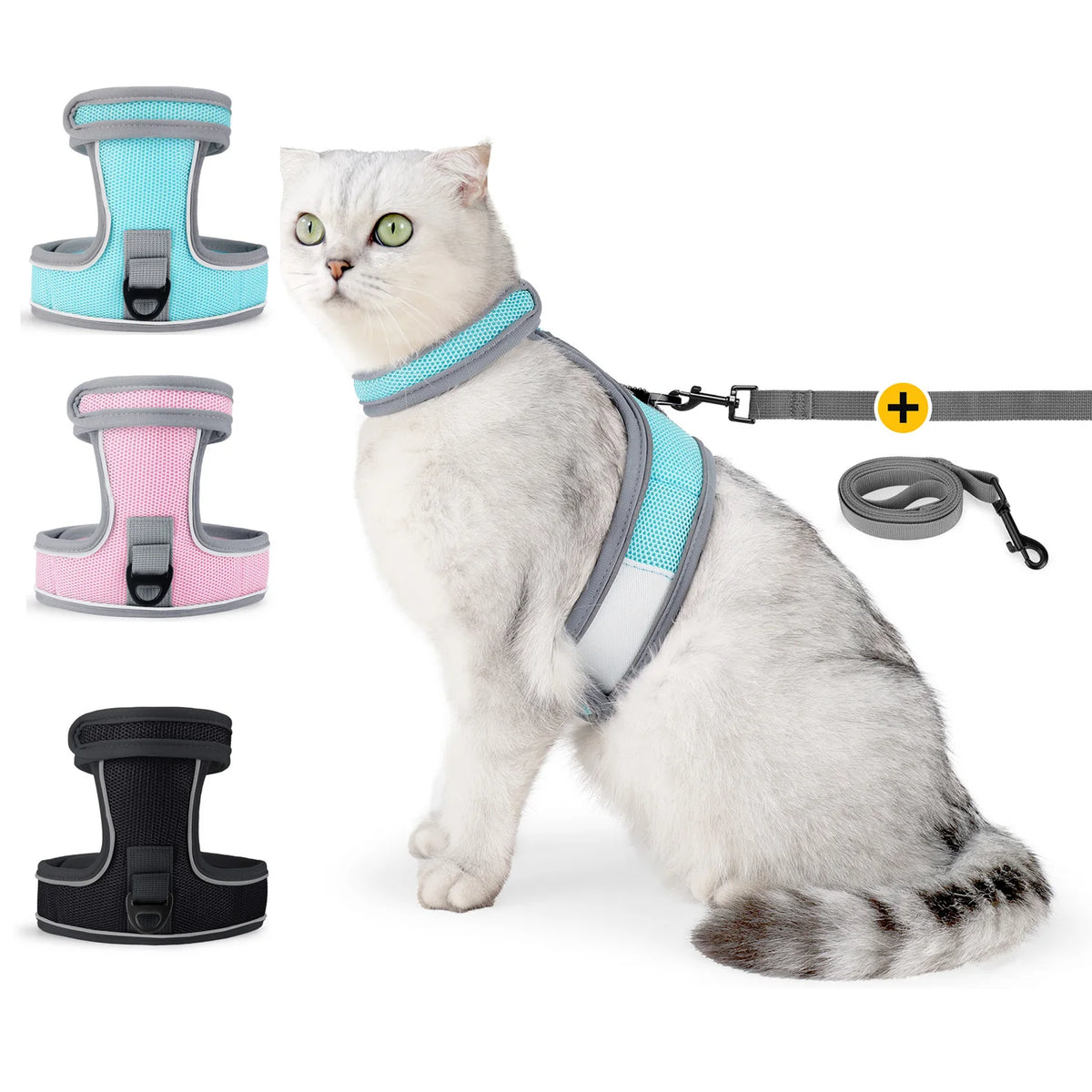 A gray cat wearing a blue and white escape-proof harness with a quick-release buckle, shown alongside various harness compone