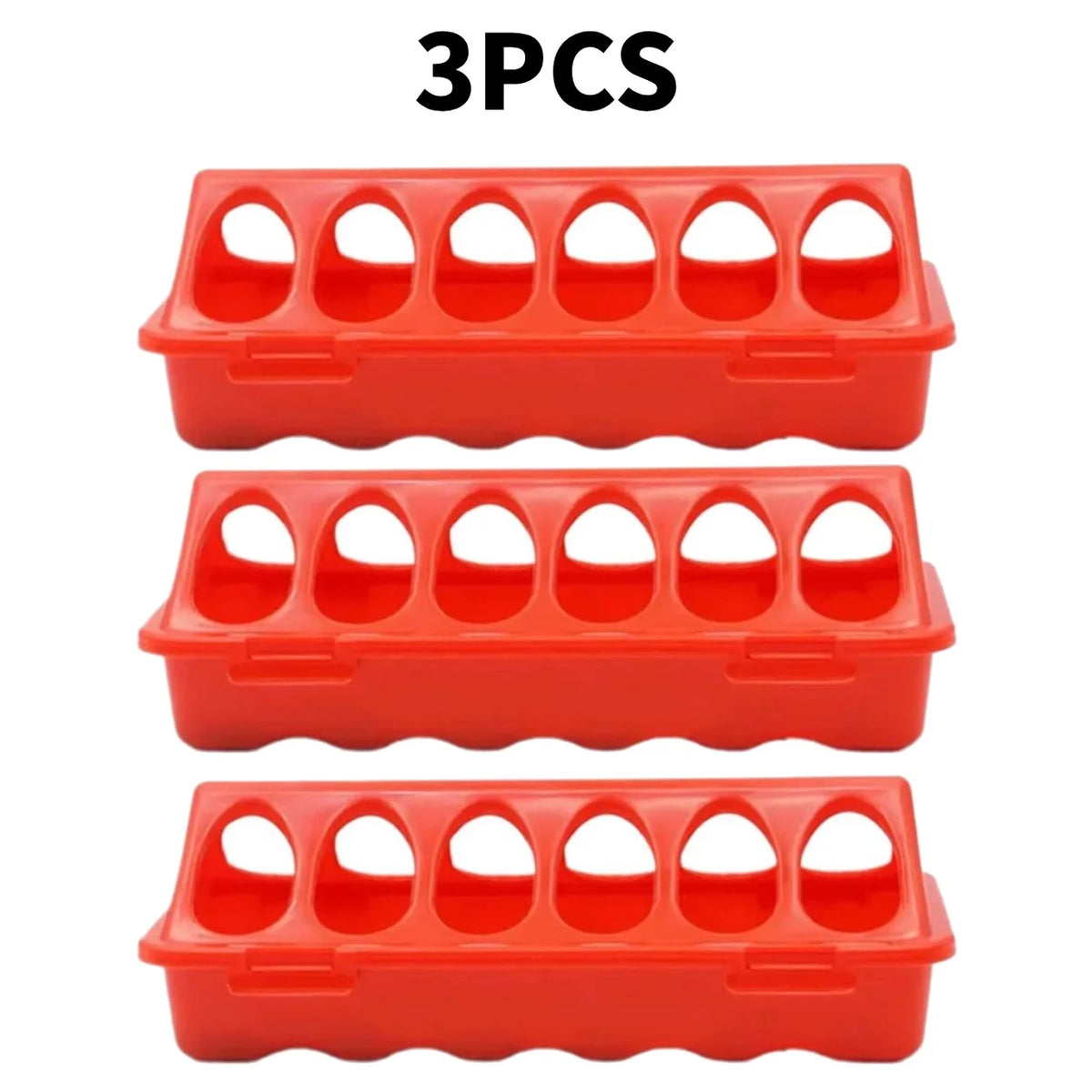 Three red double-sided 12-hole poultry feeders for quail, chicks, and small birds