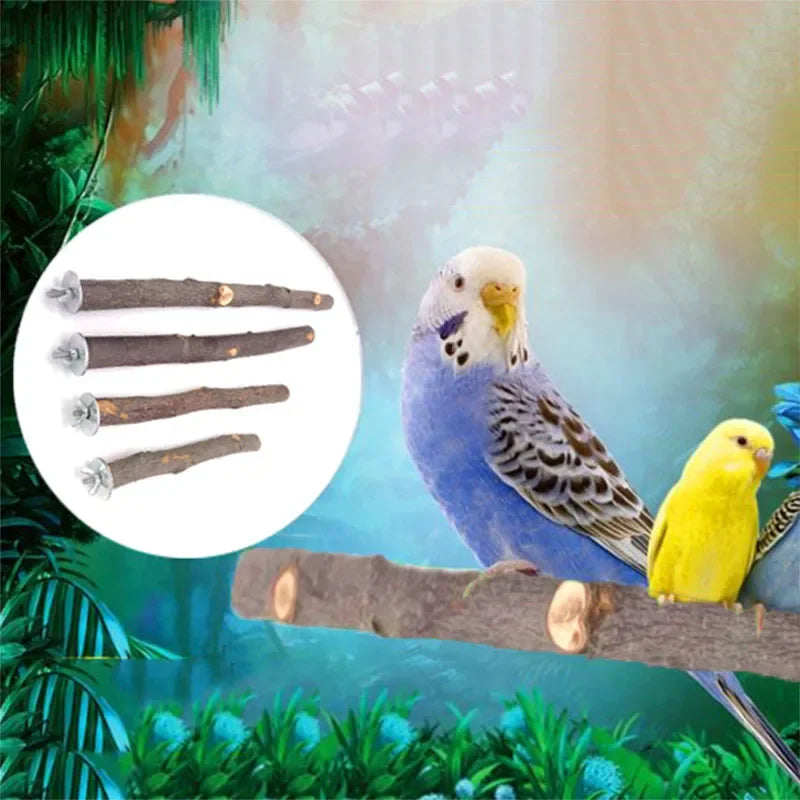 Un pájaro morado y blanco posado en una rama de madera natural en un entorno verde frondoso.