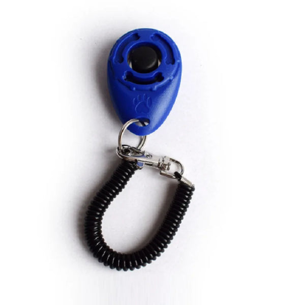 Blue ergonomic dog training clicker with a black tip and silver wrist strap attached.