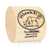 A light wood block featuring a black logo for a sleek grooming tool with silhouettes of a dog, horse, and cat.