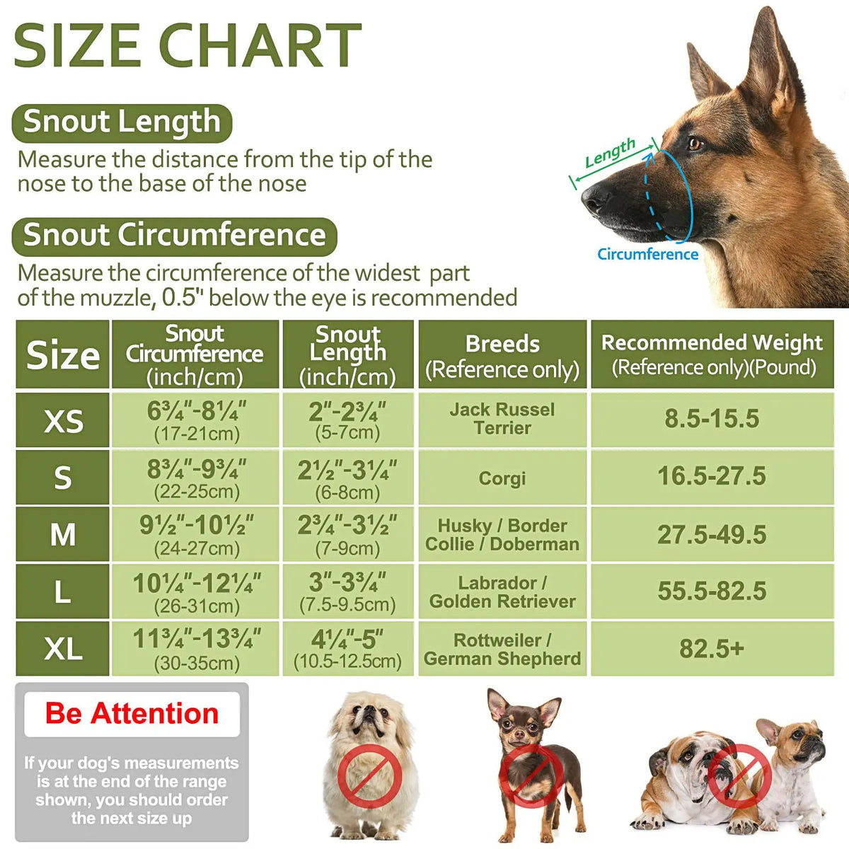 Size chart for a dog muzzle showing measurements for XS to XL sizes.