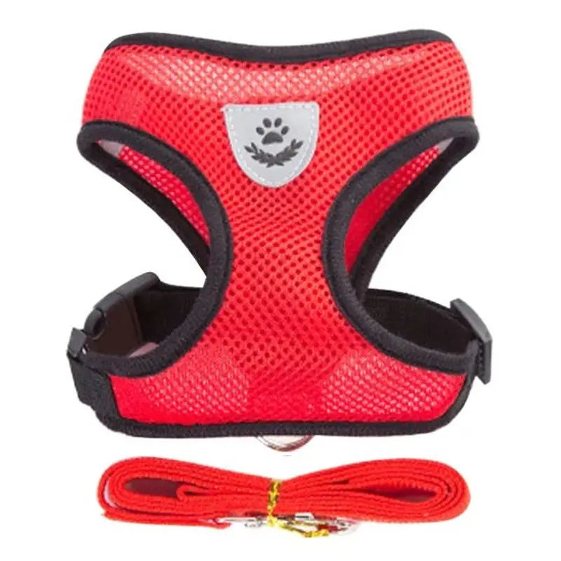 Red mesh pet harness and matching red leash set