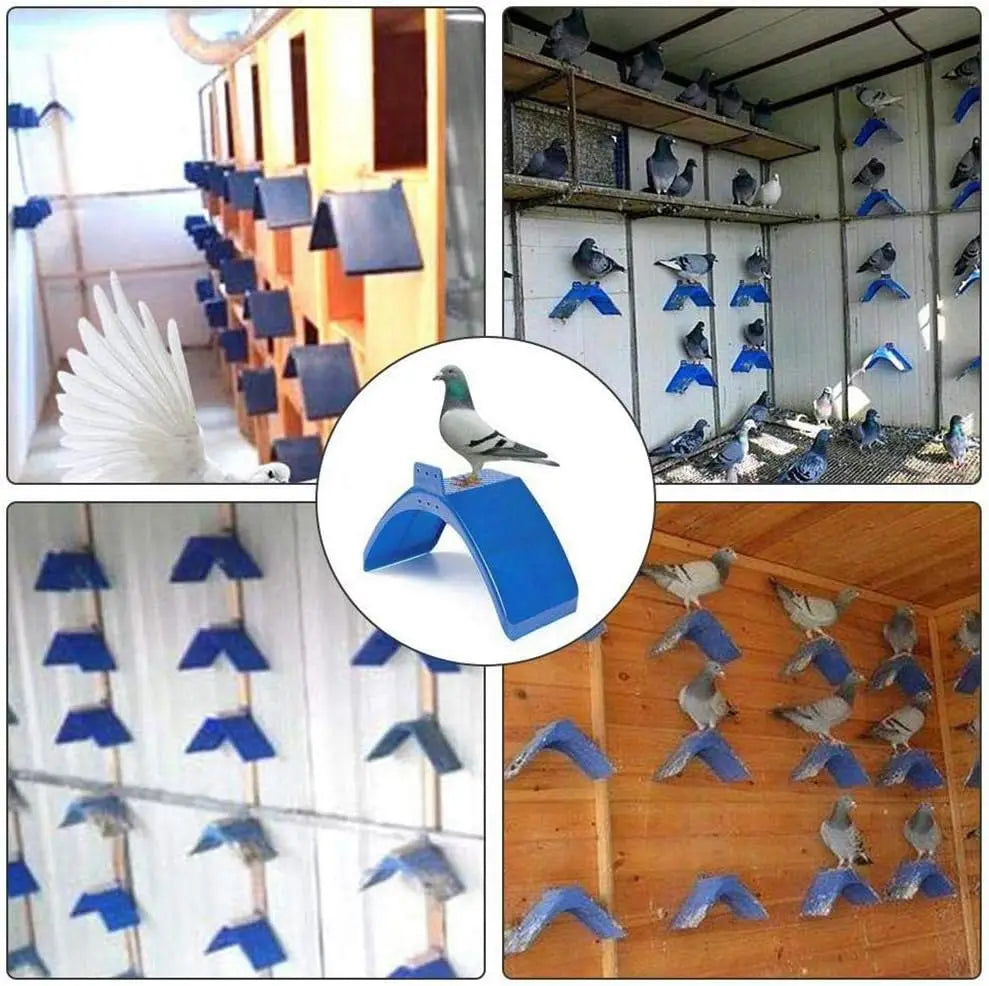 Collection d'perchoirs en plastique multi-usage dans diverses nuances de bleu et de gris pour oiseaux.