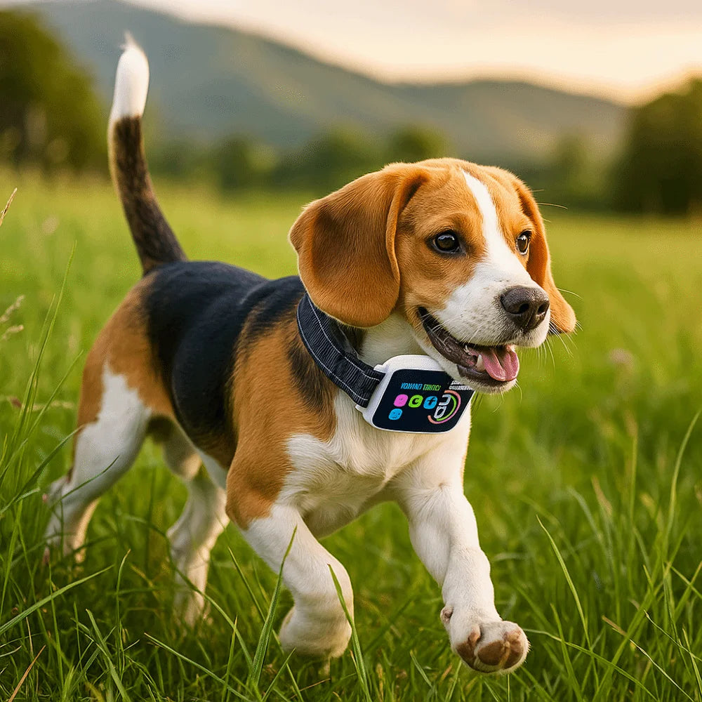 A happy dog wearing a black and tan bark collar running through a green field.