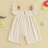 A light pink floral embroidery toddler romper for girls with ruffled trim and yellow and pink flower accents.