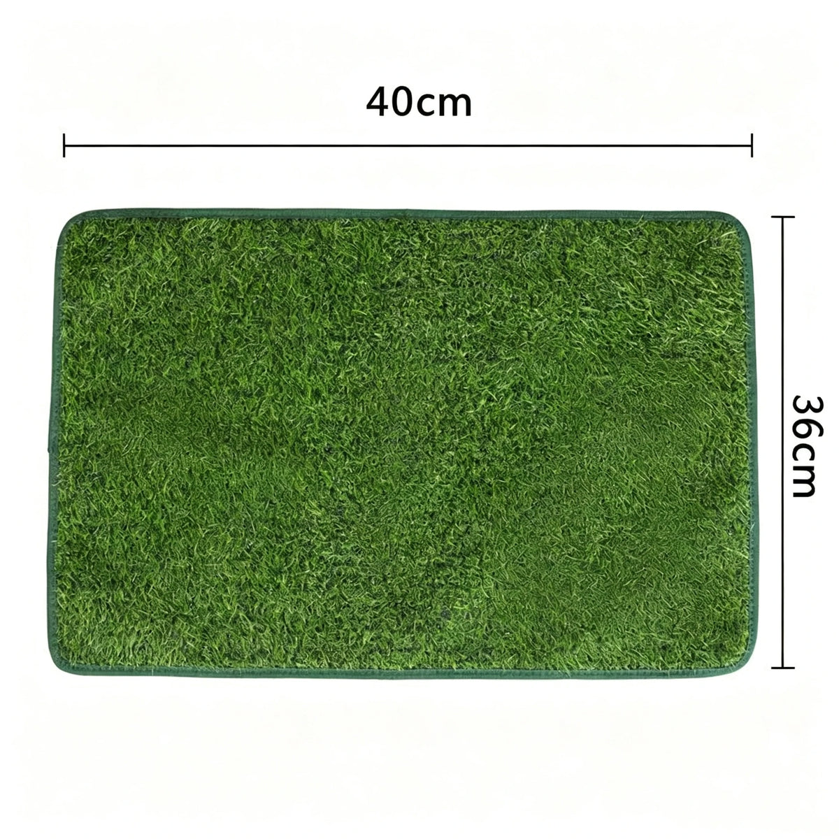 A rectangular green artificial dog grass mat measuring 40cm by 36cm.