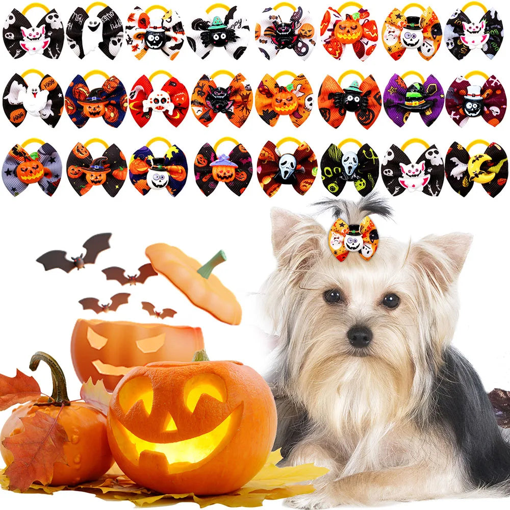 Halloween Pumpkin Print Dog Hair Bows with Rubber Bands