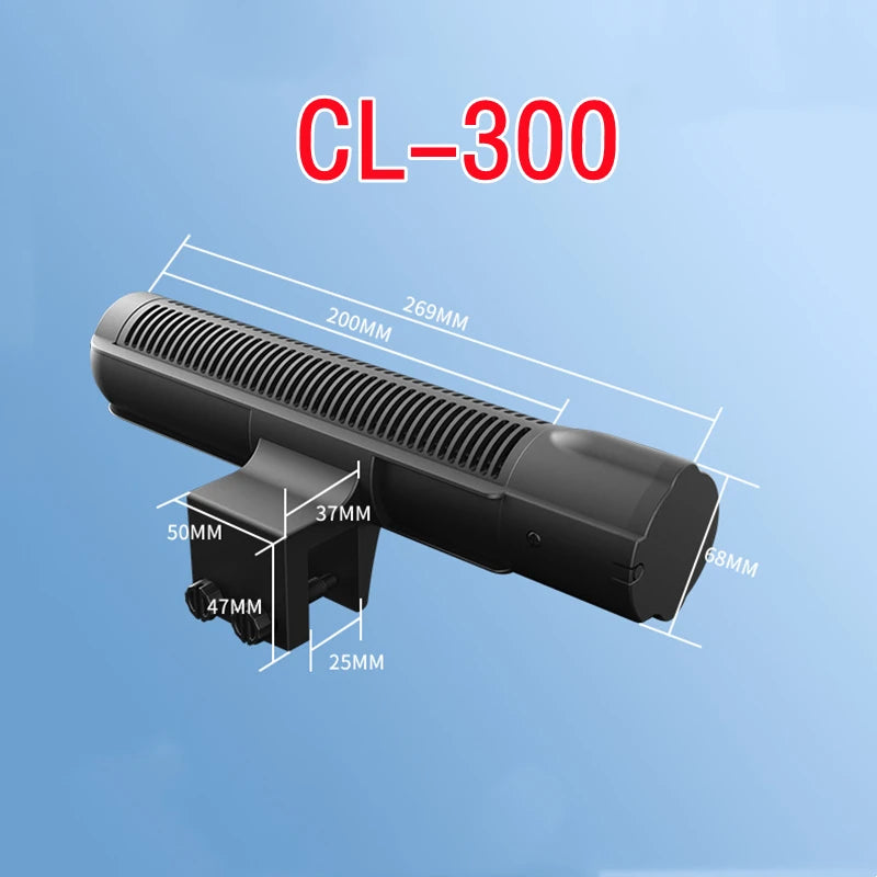 مروحة تبريد بحوض أسماك سوداء متغيرة التردد تحمل علامة CL-300 مع الأبعاد.