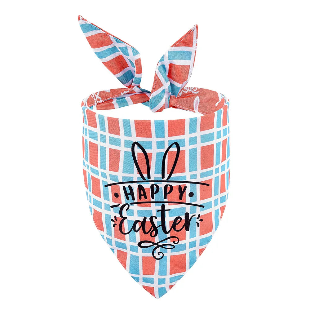 Easter reversible dog bandana featuring a plaid pattern with bunny and egg print