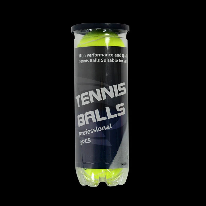 A package of three yellow tennis balls is shown against a black background.