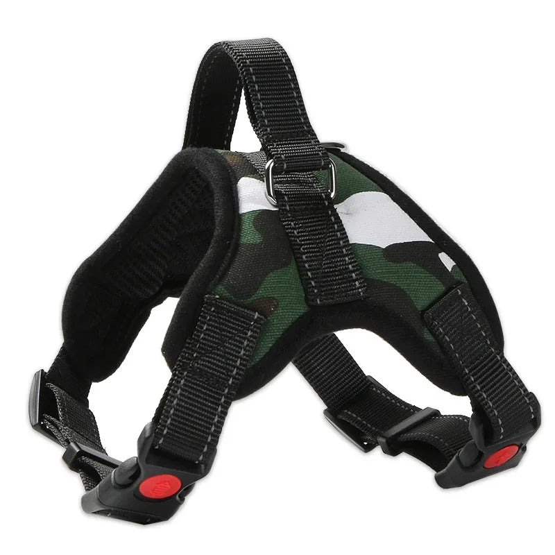 Black and green camouflage breathable nylon dog harness with quick-release buckles