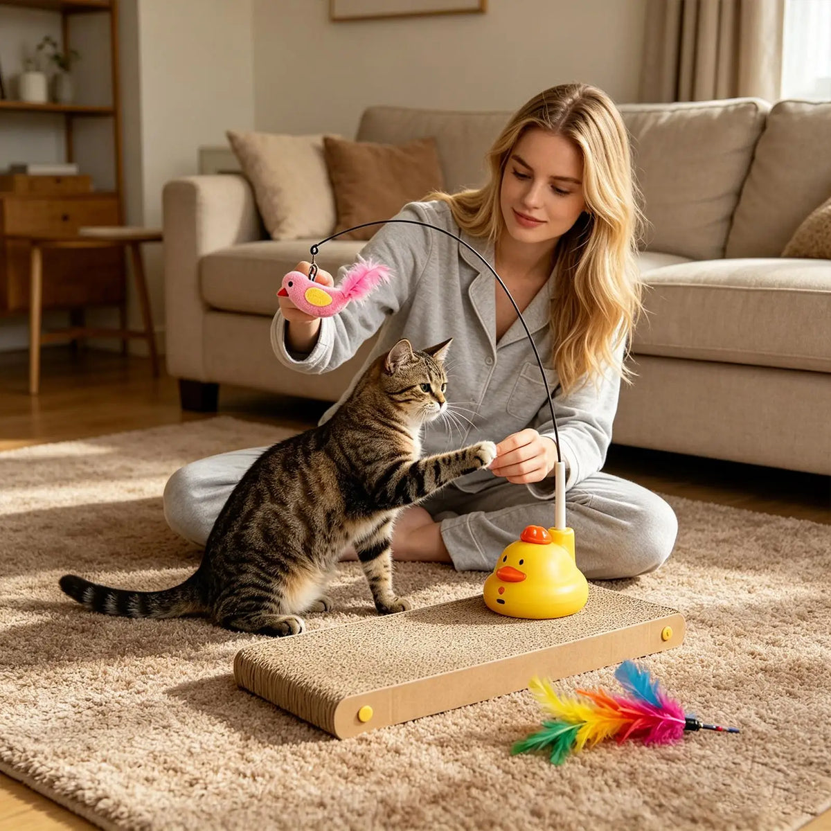 A woman is using a 360° rotating interactive cat toy with a feather teaser to play with a tabby cat on a rug.