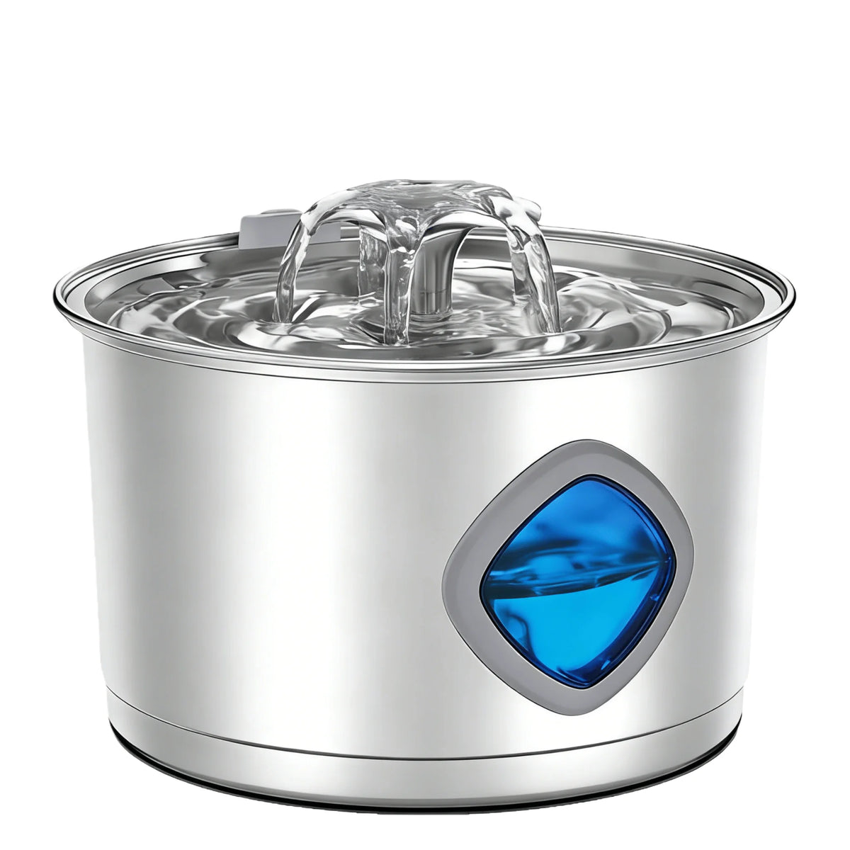Stainless steel automatic cat water fountain with a visible water flow and blue accent.